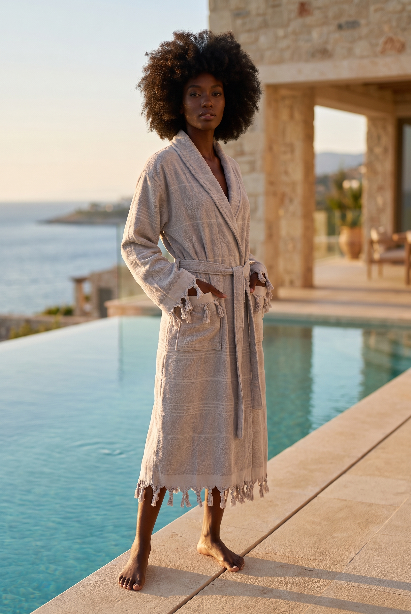Women's Gray Color Curly Printed Towel Bathrobe