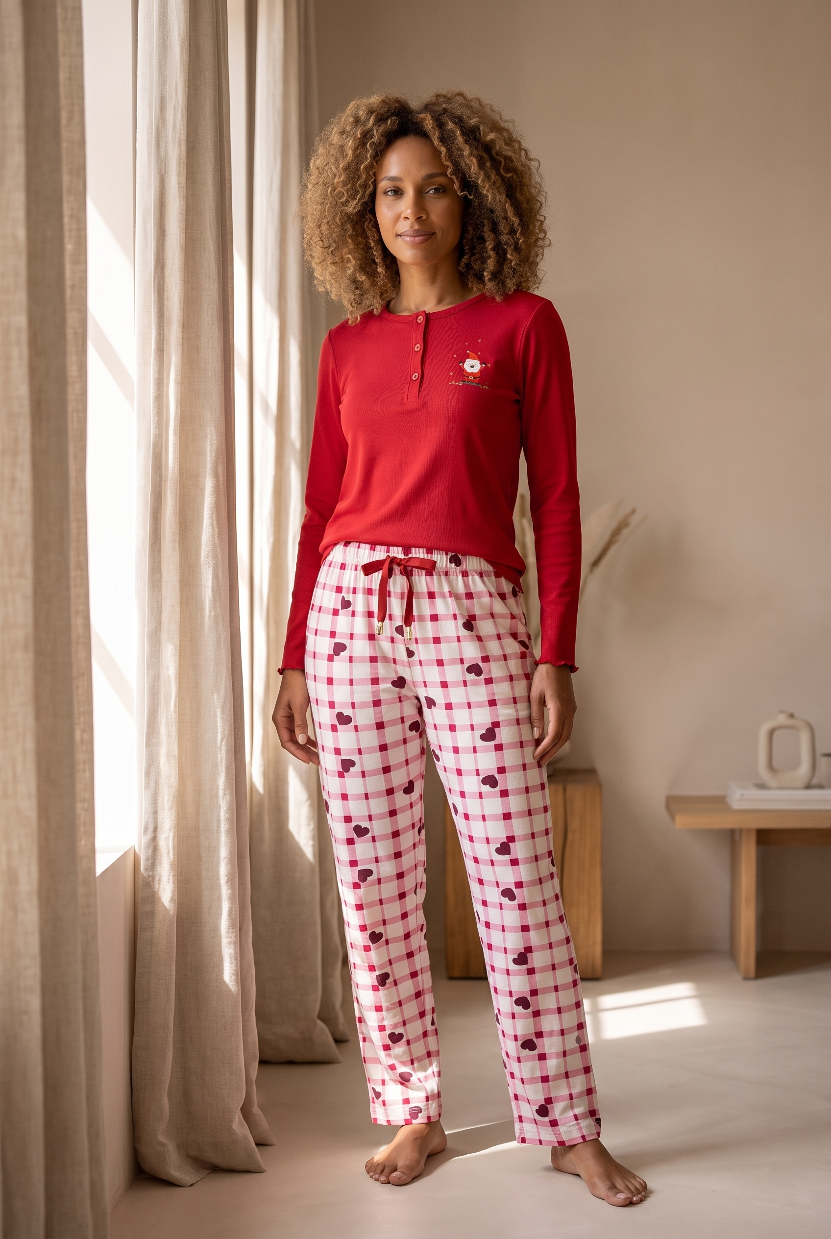 Kadın Dear Santa Ekoseli Pijama Takımı Kırmızı