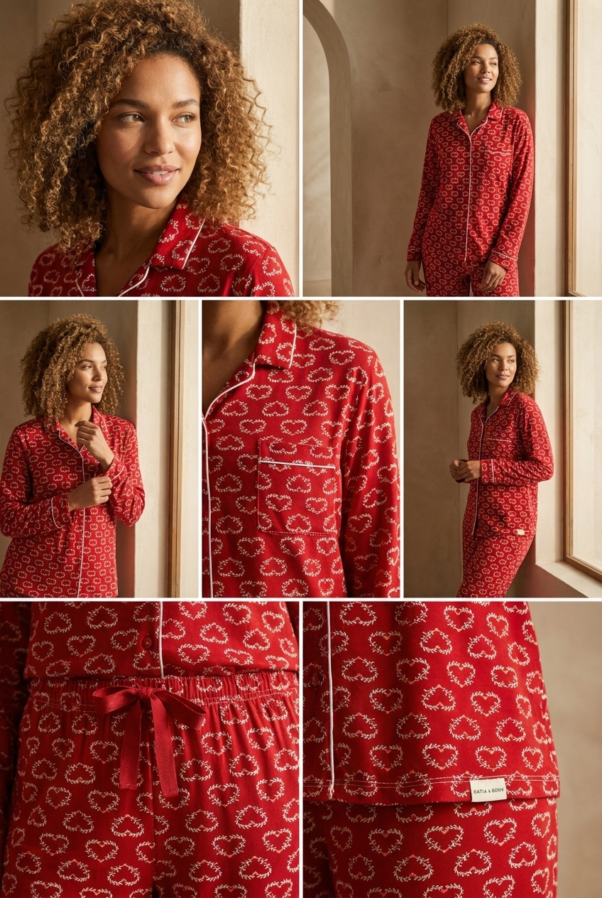 Kadın Dear Santa Kalpli Pijama Takımı Kırmızı