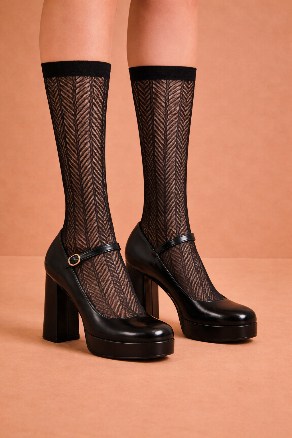 Kadın Desenli Dizaltı Çorap Siyah