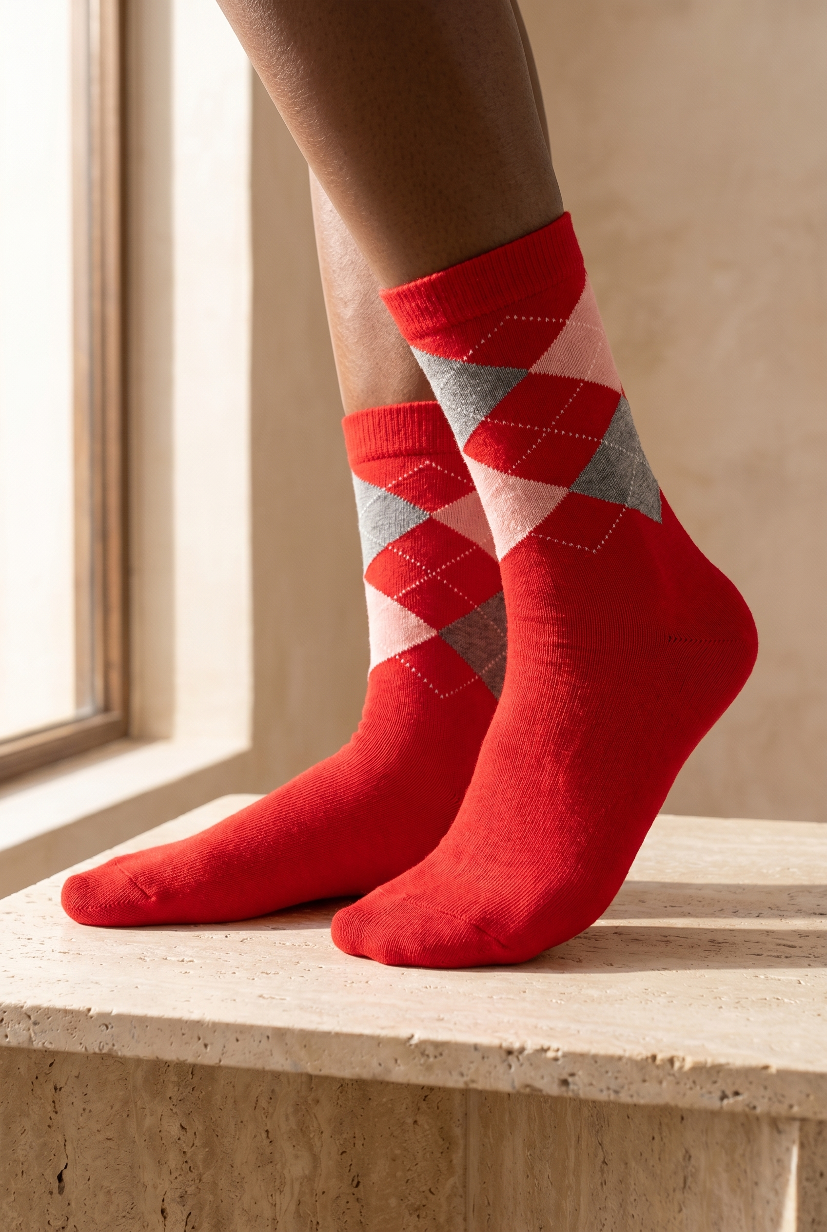 Women's Plaid Patterned Cotton Socks Red