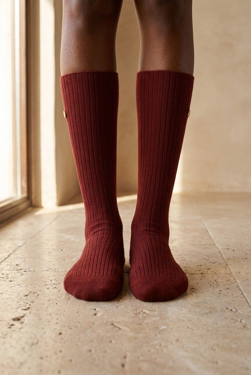 22501W3021 FİTİLLİ YÜN KADIN DİZALTI ÇORAP Bordo