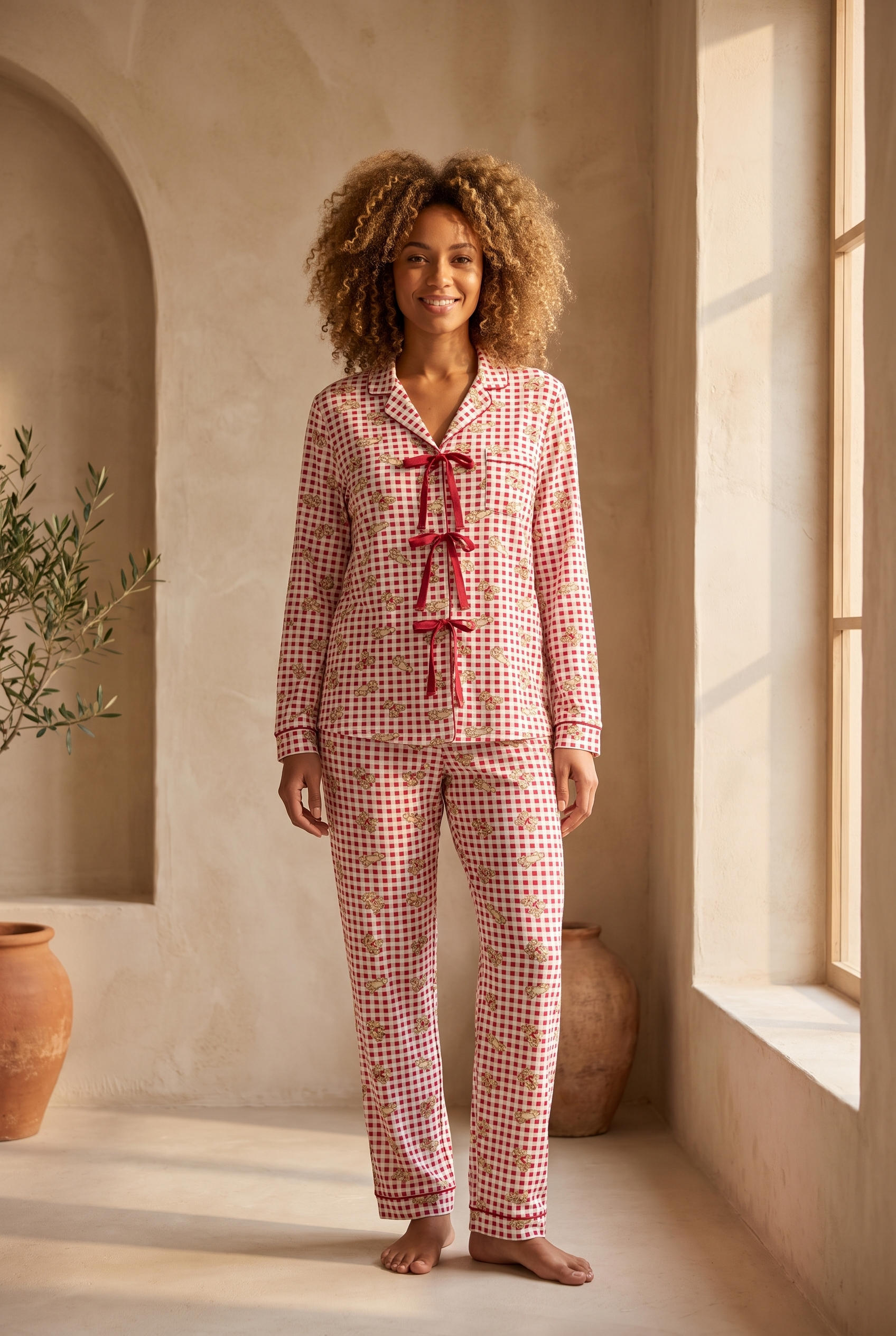 Kadın Fiyonklu Ayıcık Desenli Ekose Pijama Takımı