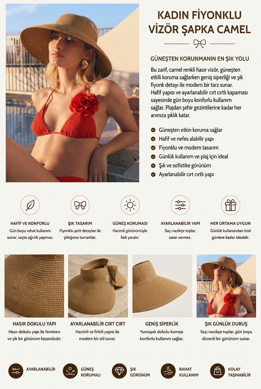 Kadın Fiyonklu Vizör Şapka Camel
