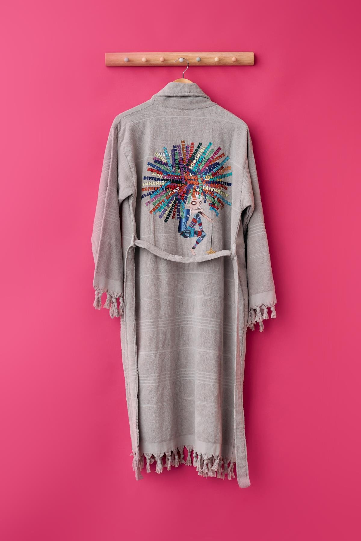 Kadın Gri Renkli Curly Baskılı Havlu Bornoz