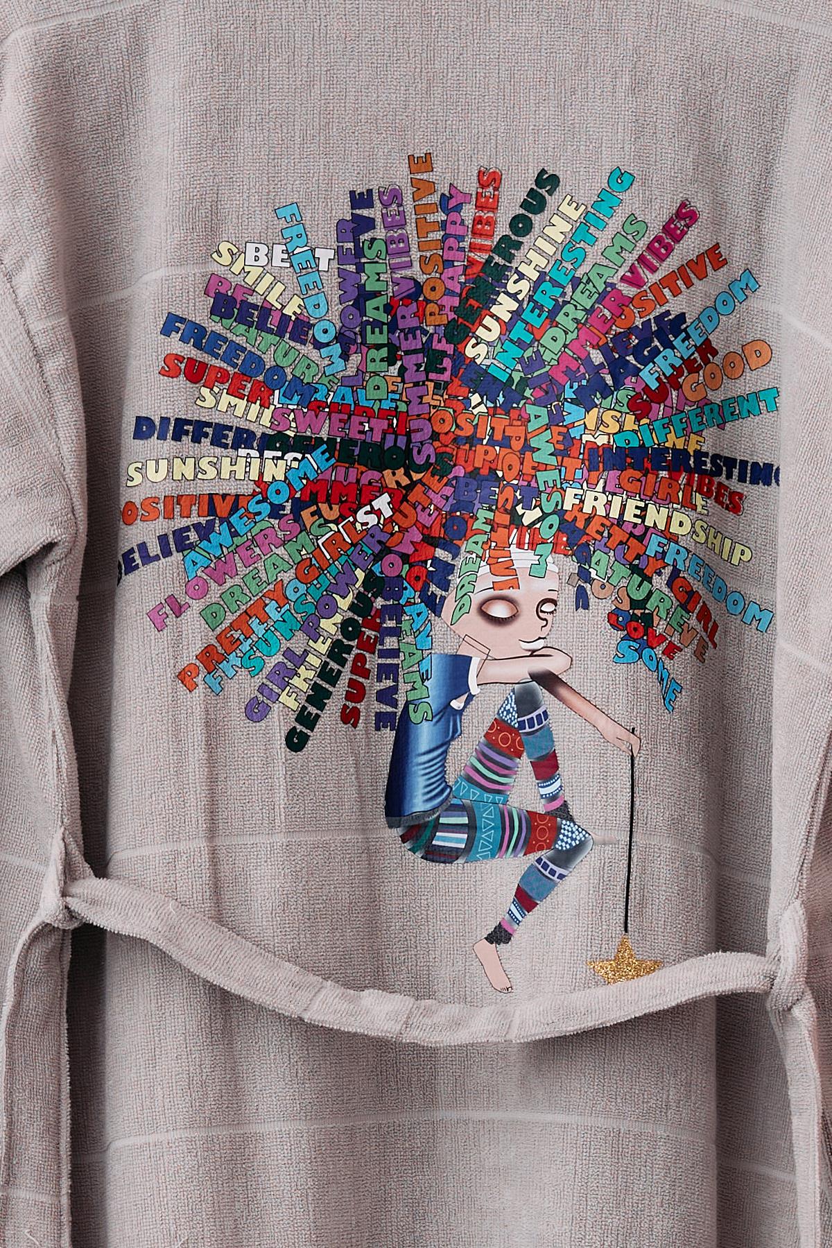 Kadın Gri Renkli Curly Baskılı Havlu Bornoz