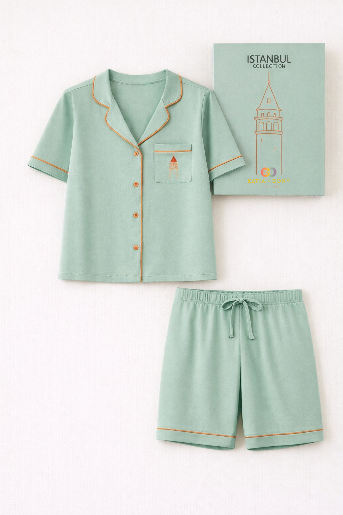 Kadın İstanbul Serisi Galata Kulesi Desenli Premium Kutulu Şortlu Pijama Takımı Yeşil