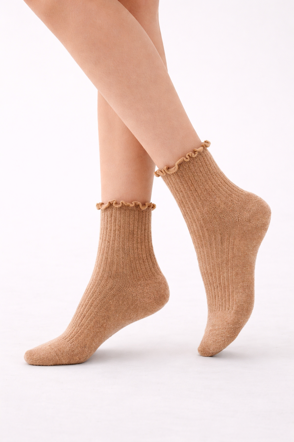 Kadın Kahverengi Bileği Fırfırlı Soket Çorap