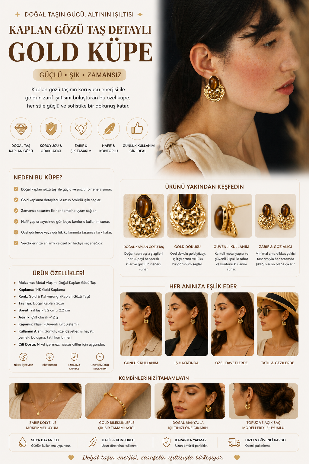 Women's Tiger Eye Stone Detailed Gold Earrings