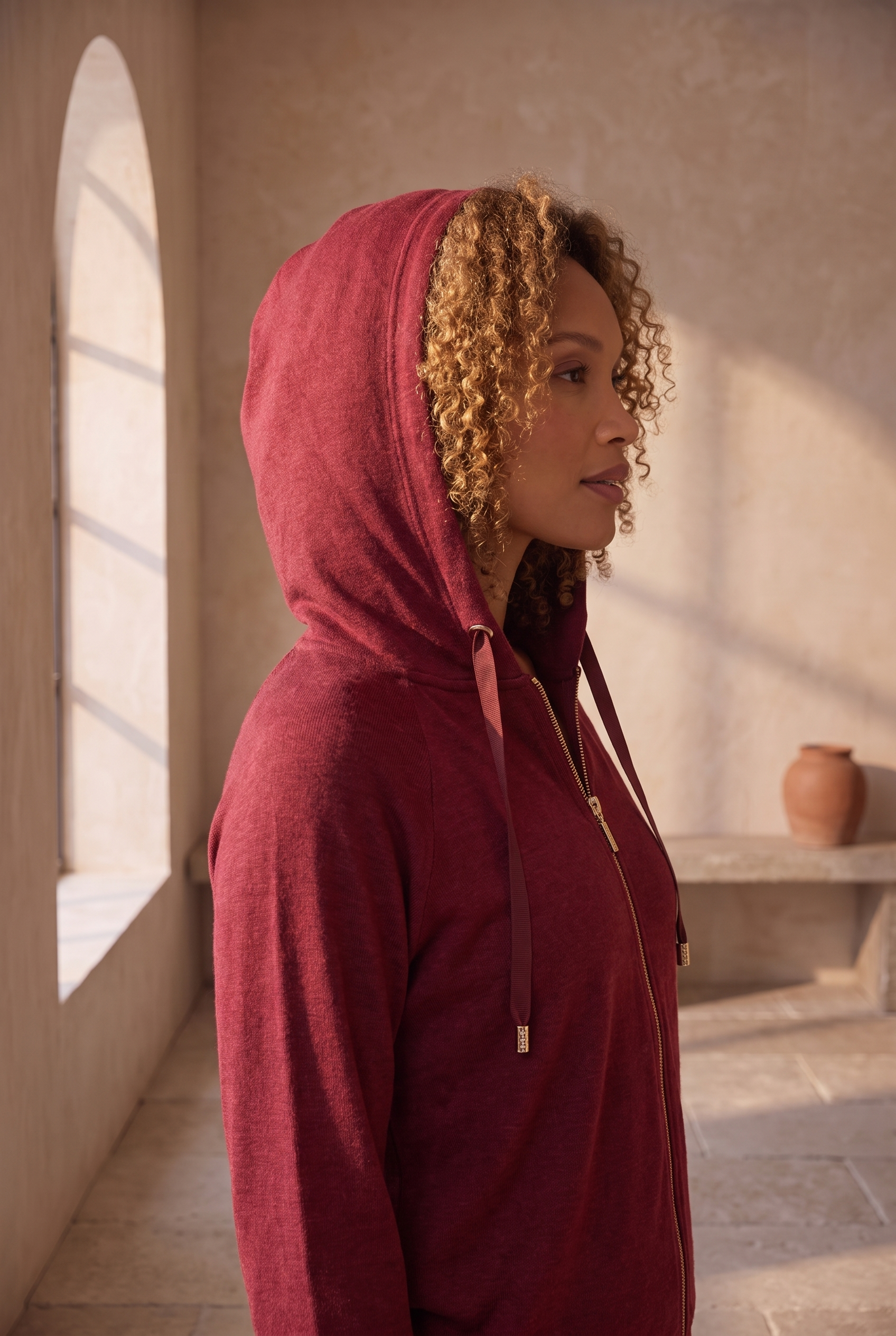 Kadın Kapüşonlu Fermuarlı Basic Sweatshirt Bordo