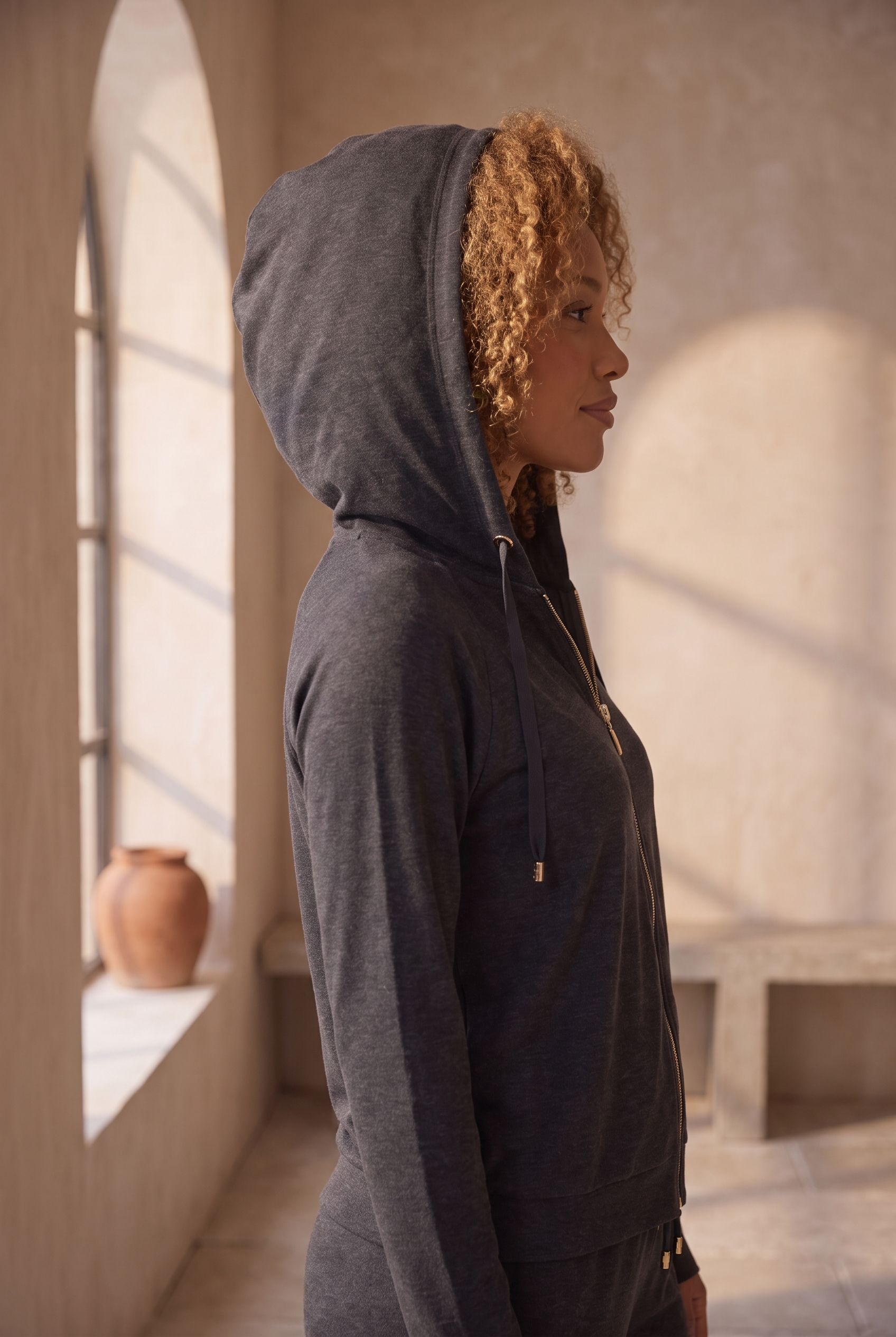 Kadın Kapüşonlu Fermuarlı Basic Sweatshirt Antrasit
