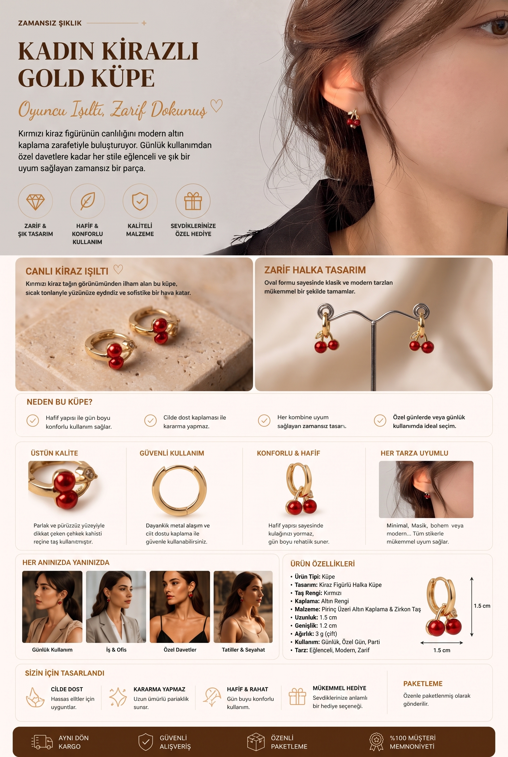 Kadın Kirazlı Gold Küpe