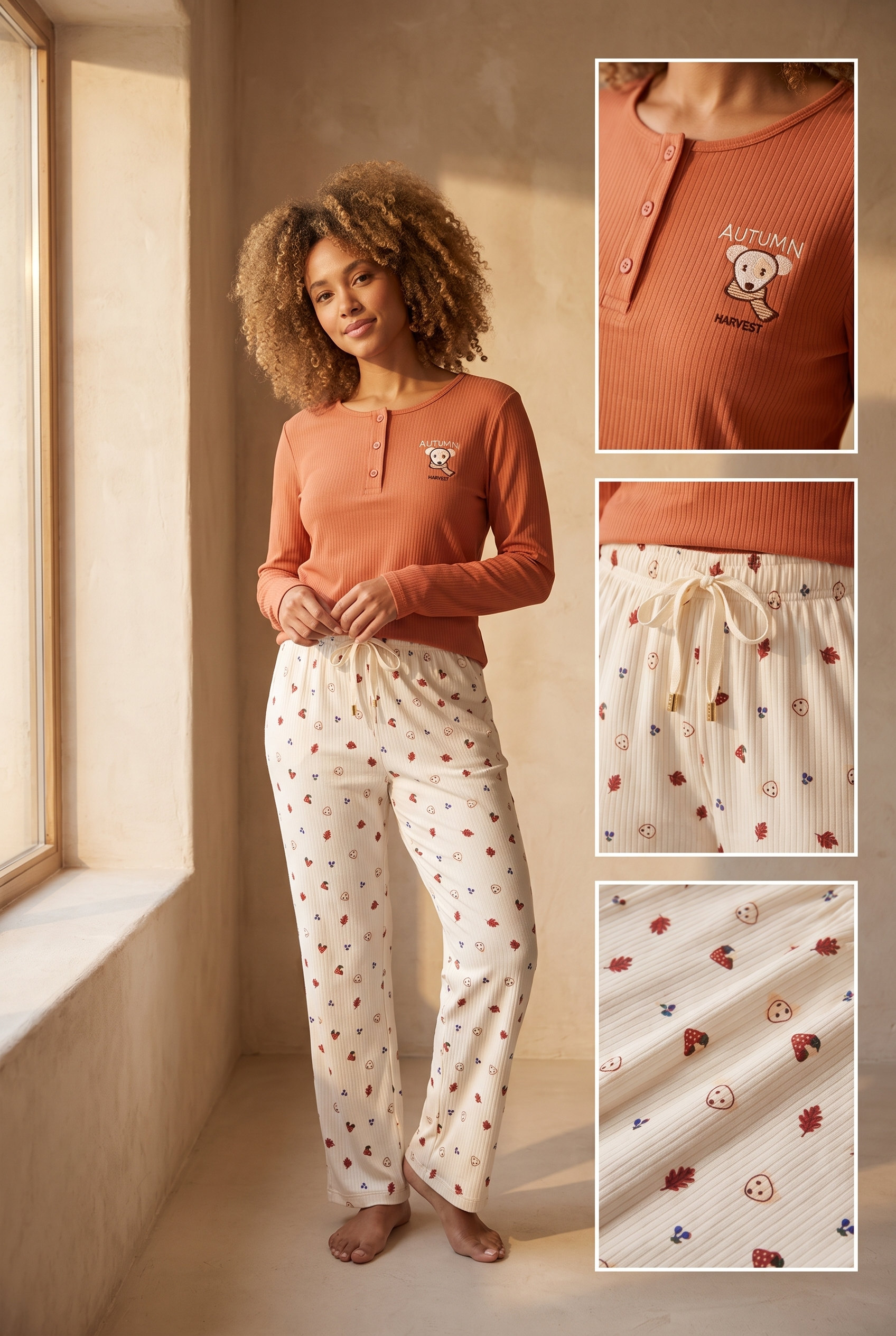 Kadın Lovely Winter Köpek Nakışlı Kiremit Rengi Pijama Takımı