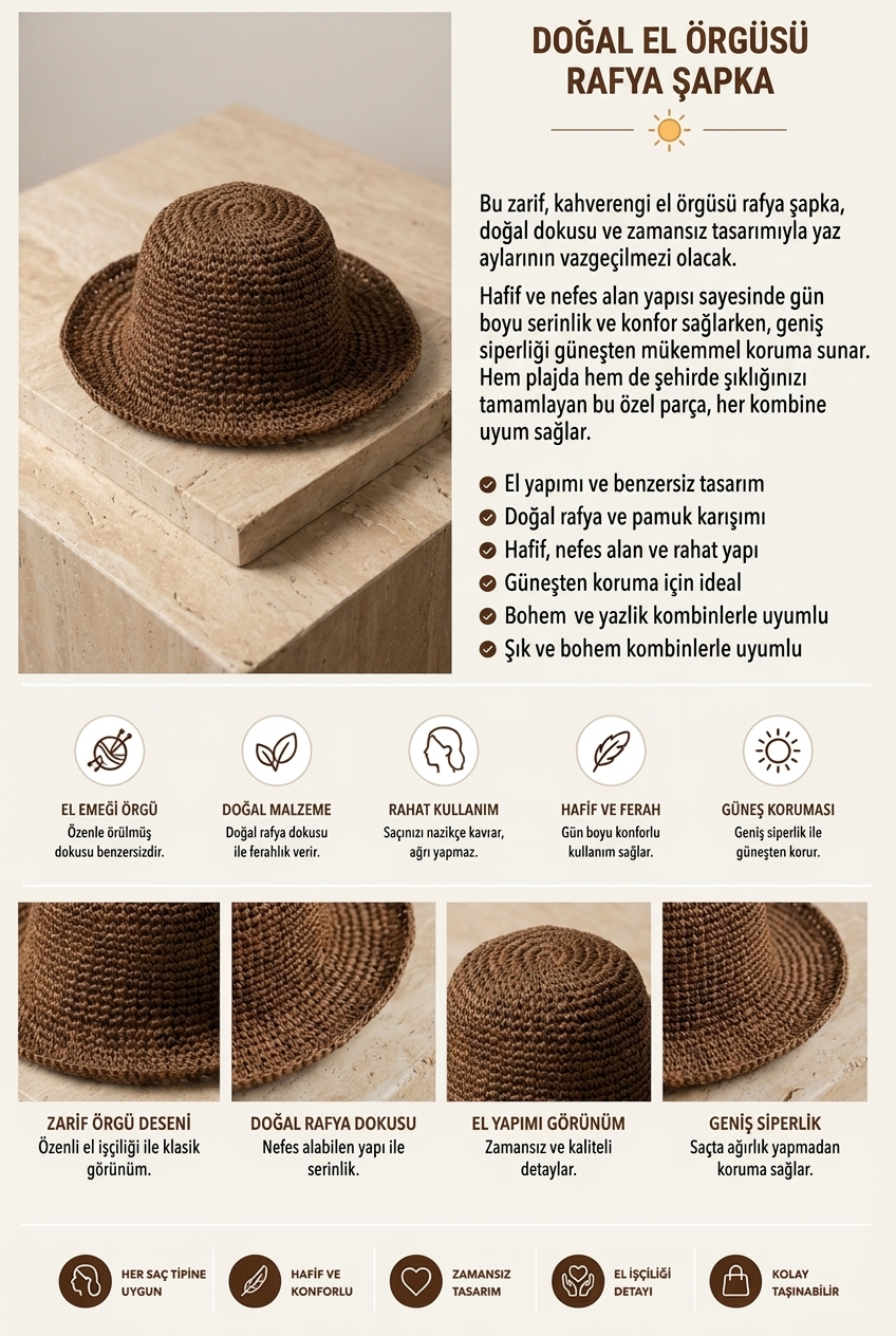 Kadın Örgülü Hasır Şapka Koyu Kahve