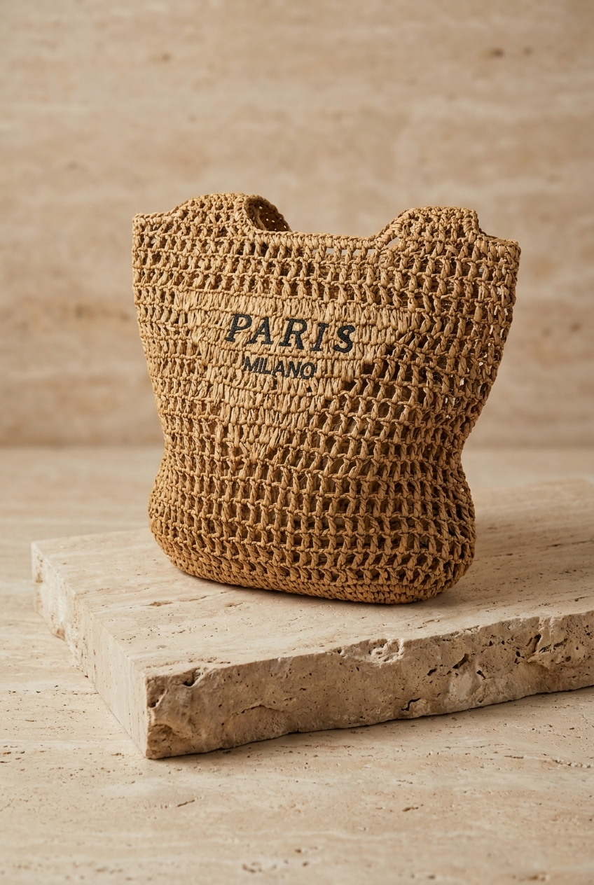 Kadın Paris Milano Nakışlı Hasır Çanta Camel