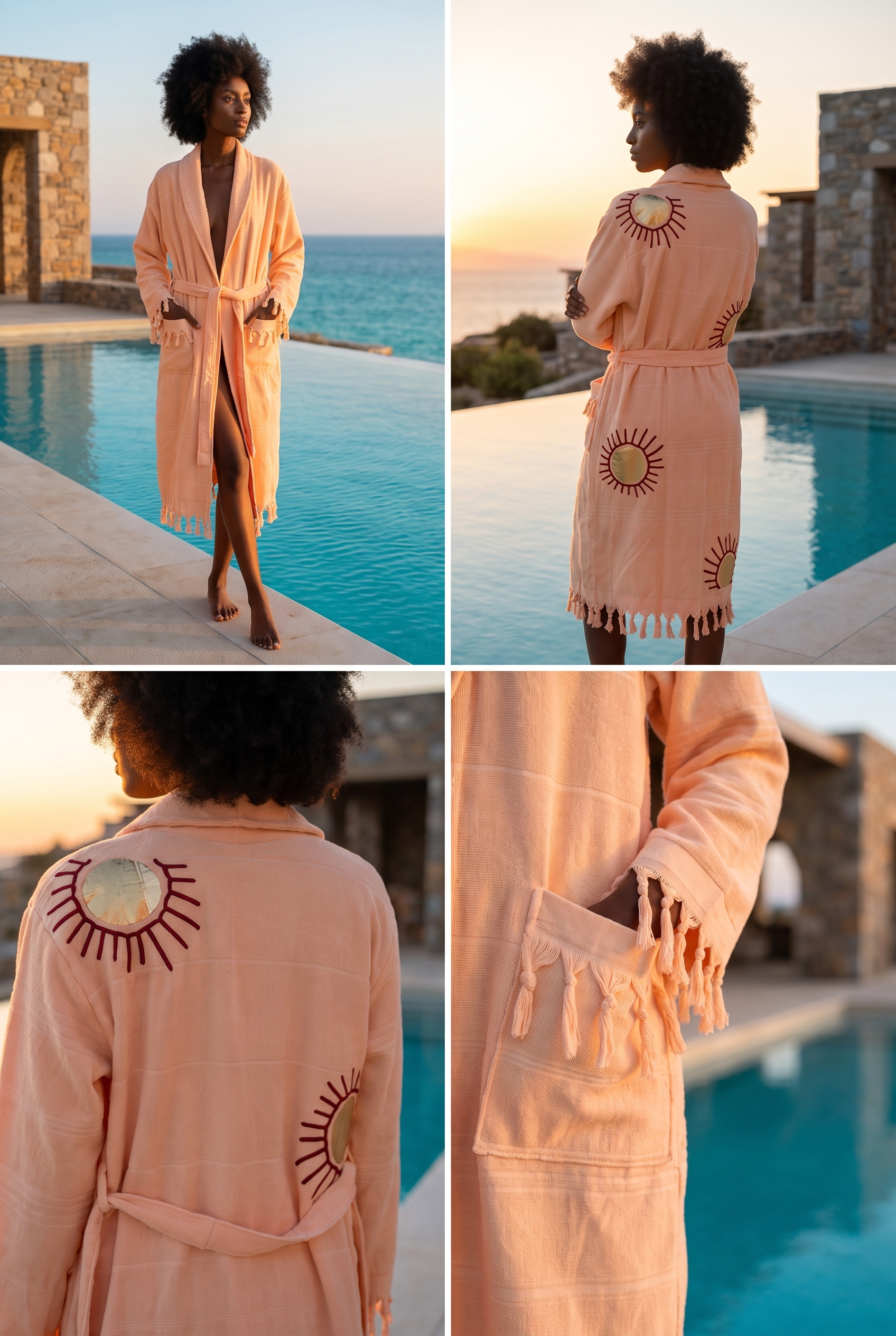 Women's Pink Colored Sun Detailed Peshtemal Bathrobe