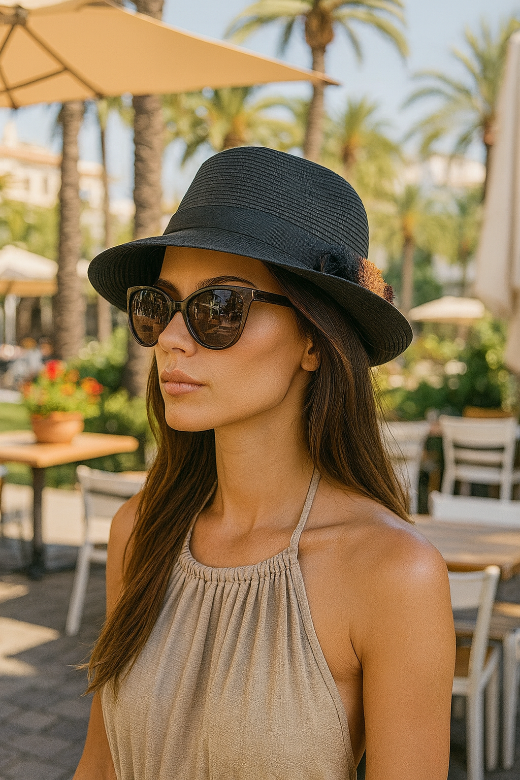 Kadın Ponpon Aksesuarlı Hasır Şapka Siyah