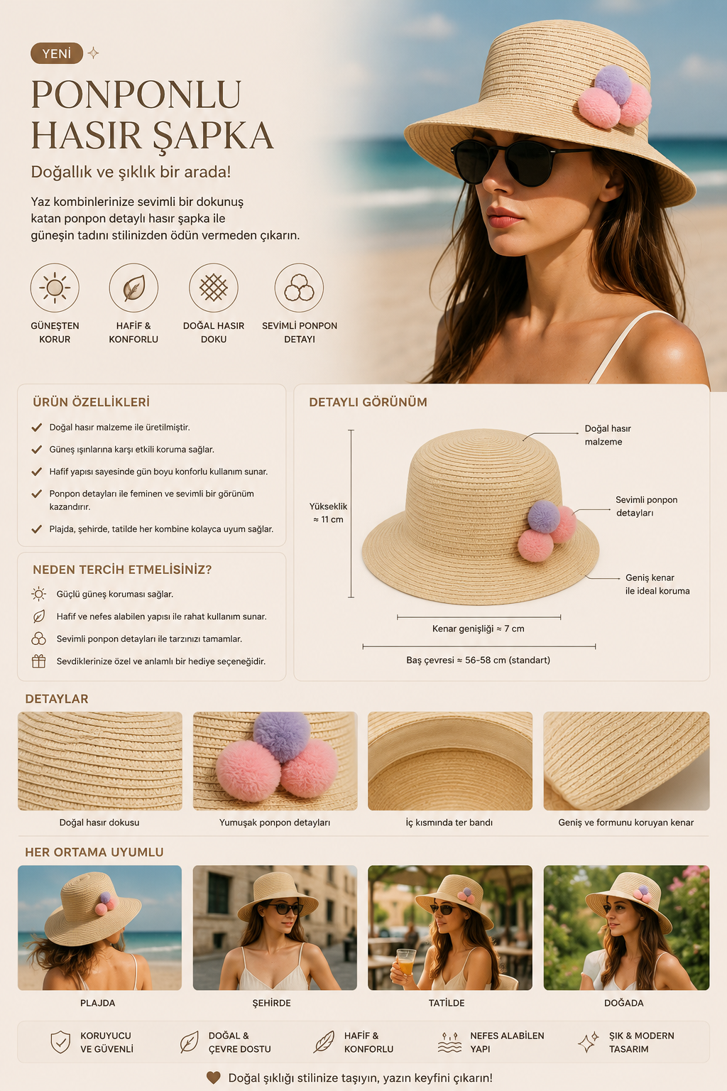 Women's Pompom Straw Hat Beige