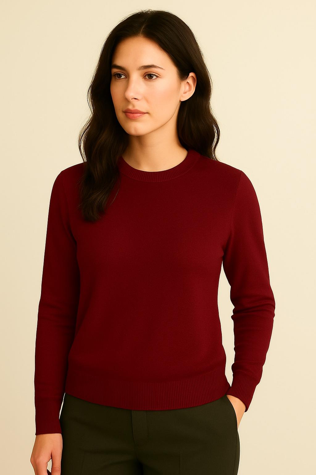 Kadın Premium Bisiklet Yaka Yumuşak Dokulu Triko Kazak Bordo