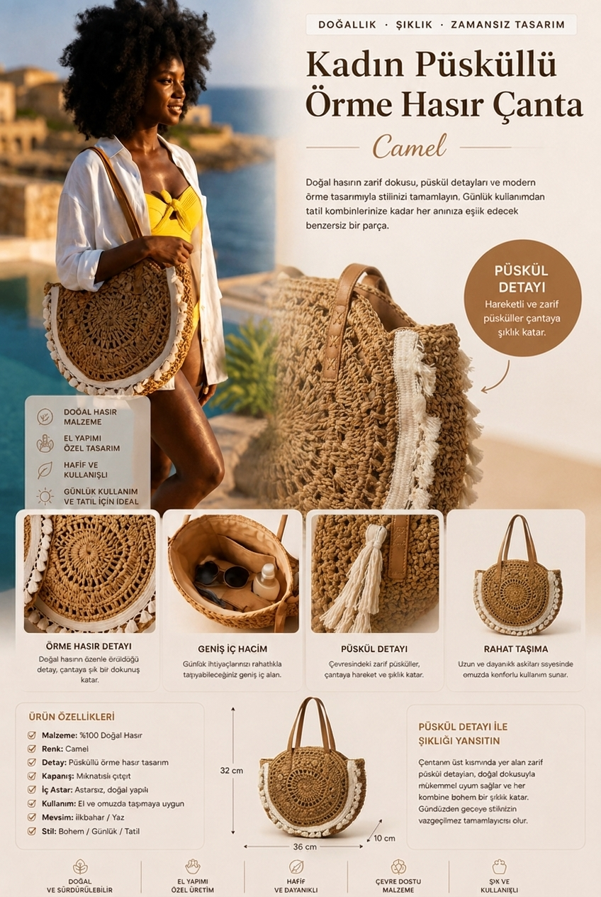12605W5051 PÜSKÜL DESENLİ HASIR KADIN ÇANTA CAMEL