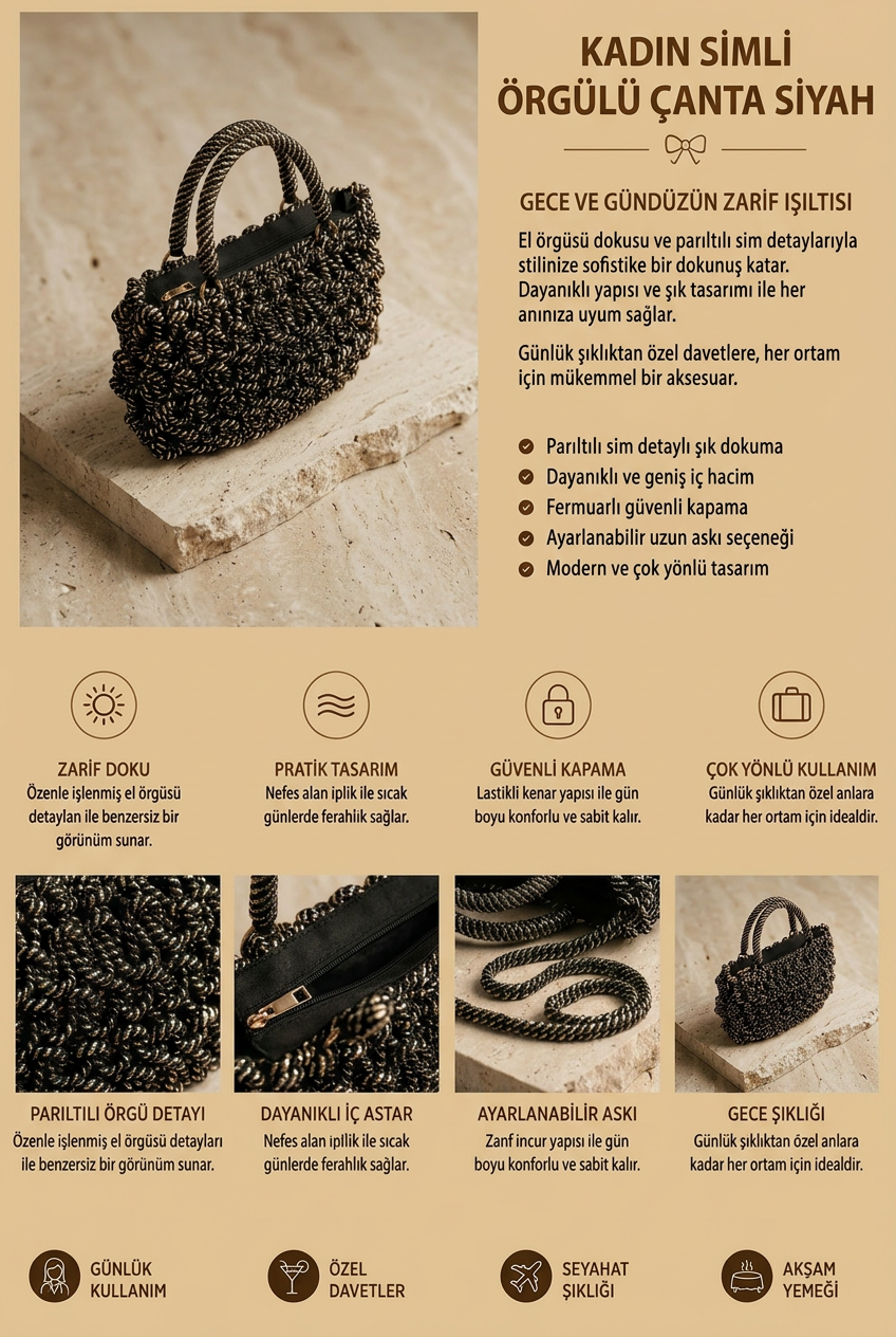 12605W5058 ÖRGÜLÜ KADIN ÇANTA SİYAH