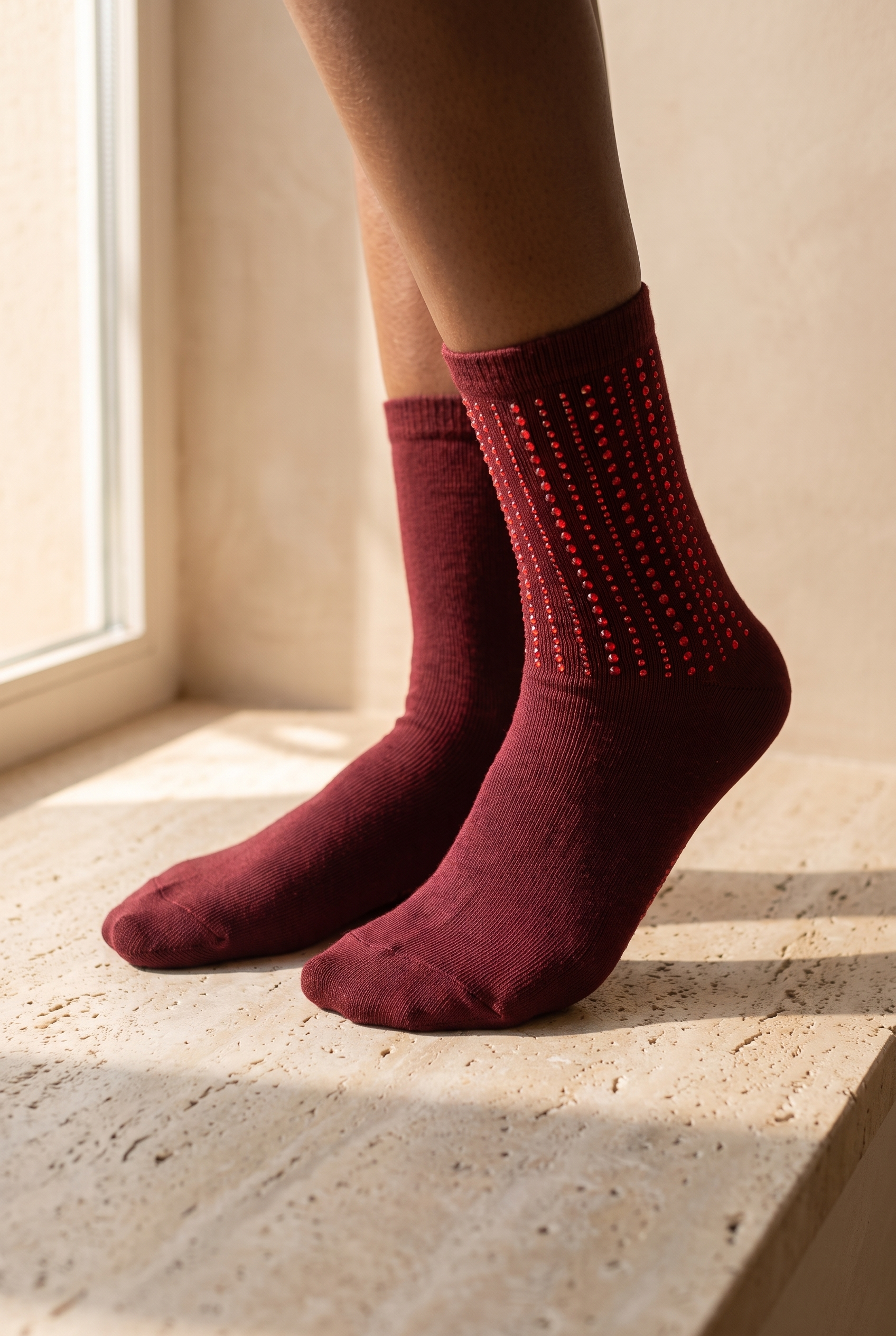 Women's Socks Wıth Stone Accessory Claret Red