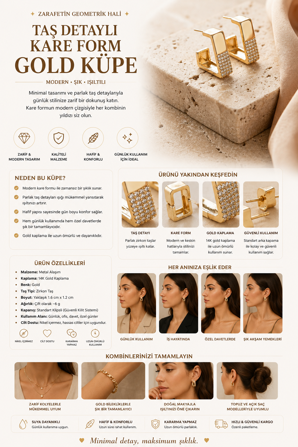Women's Stone Detailed Square Form Gold Earrings