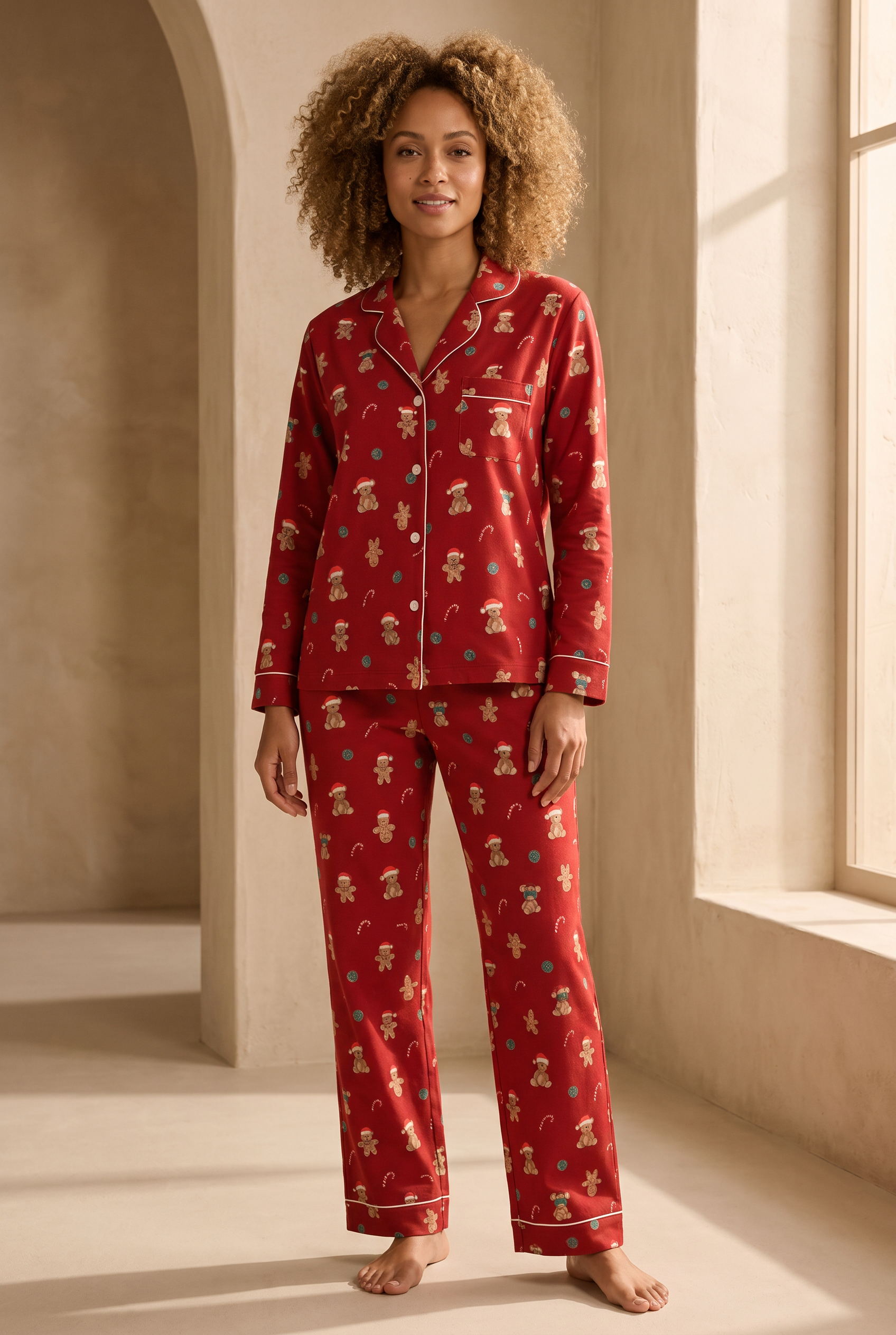 Kadın Teddy Desenli Yılbaşı Temalı Pijama Takımı Kırmızı