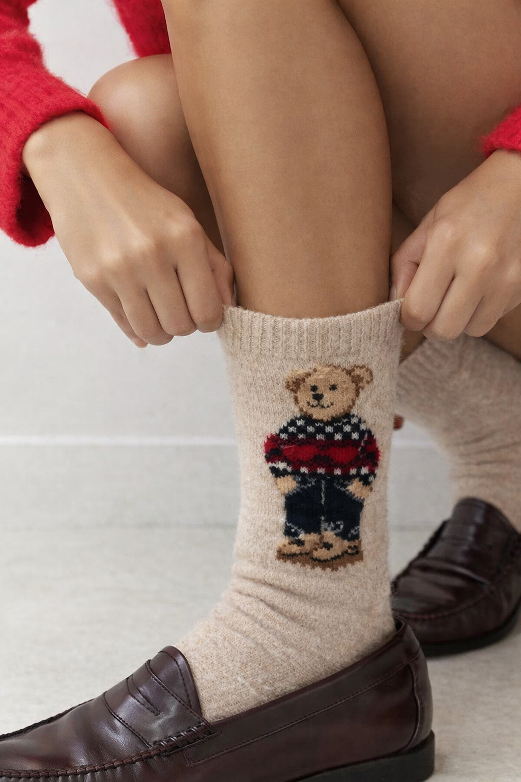 Kadın Teddy Desenli Yün Soket Çorap Bej