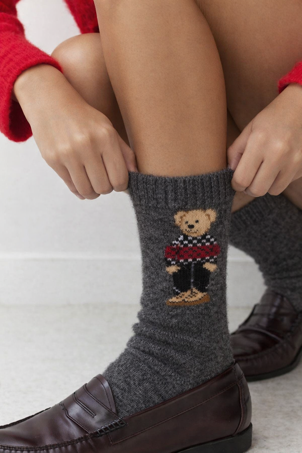 Kadın Teddy Desenli Yün Soket Çorap Gri