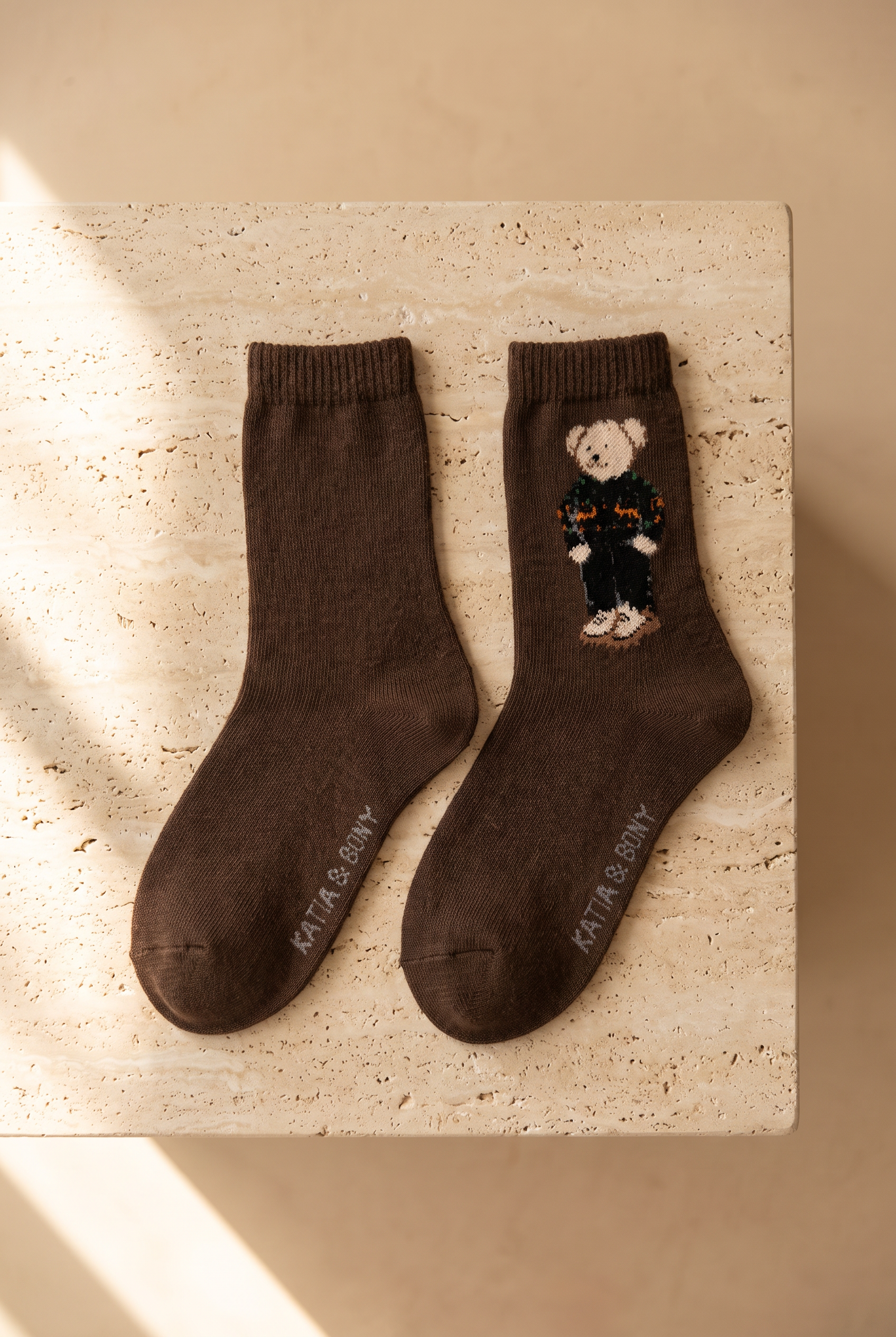 Kadın Teddy Desenli Yün Soket Çorap Kahverengi