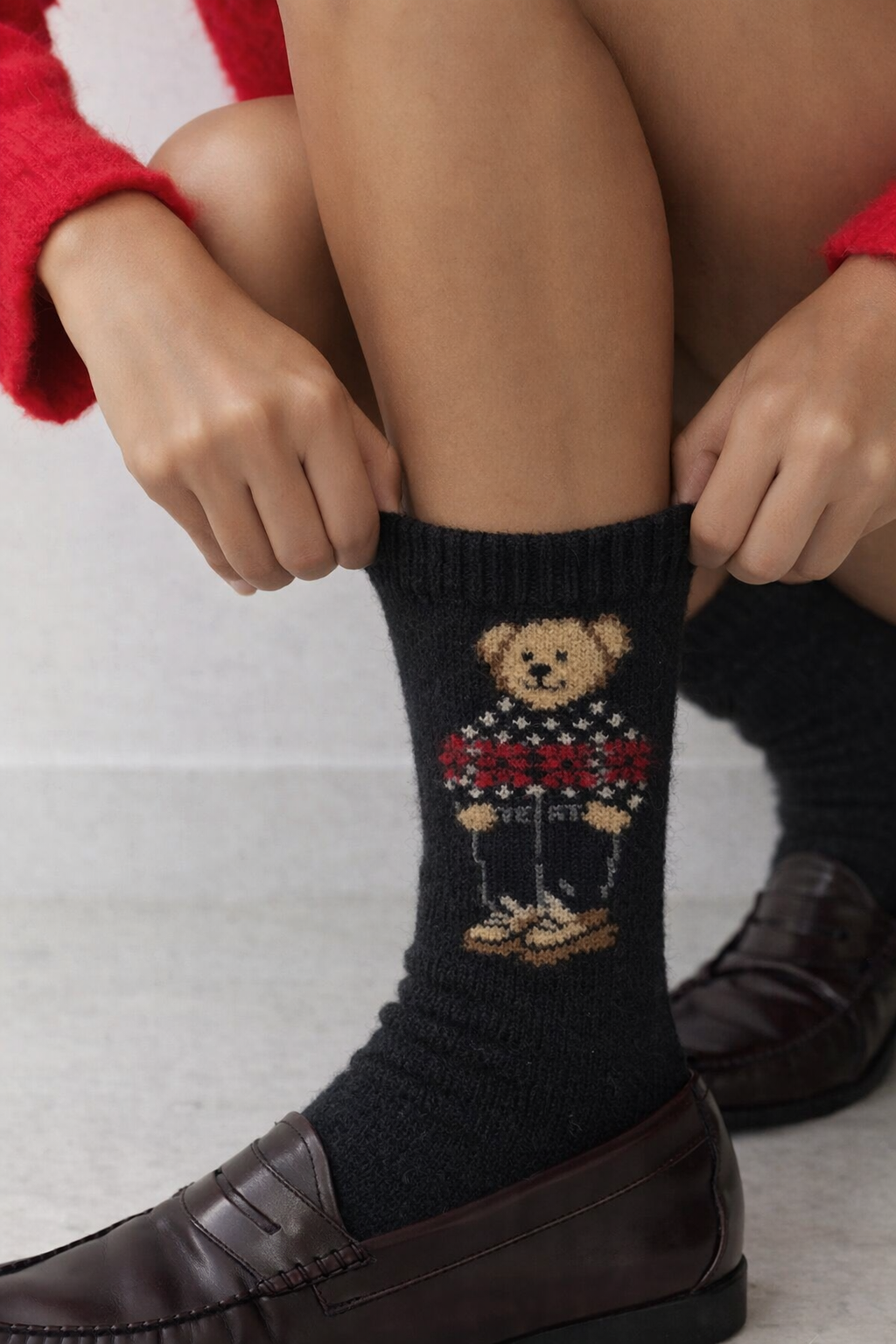 Kadın Teddy Desenli Yün Soket Çorap Siyah