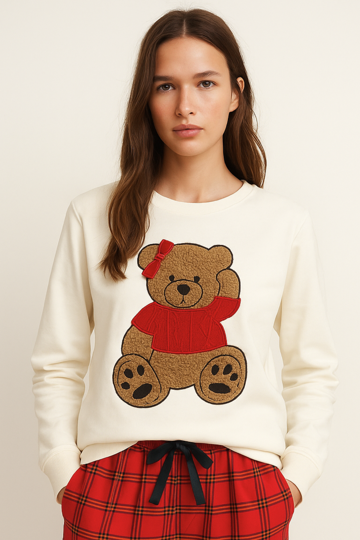 Kadın Teddy Sweatshirt Pijama Üstü Ekru