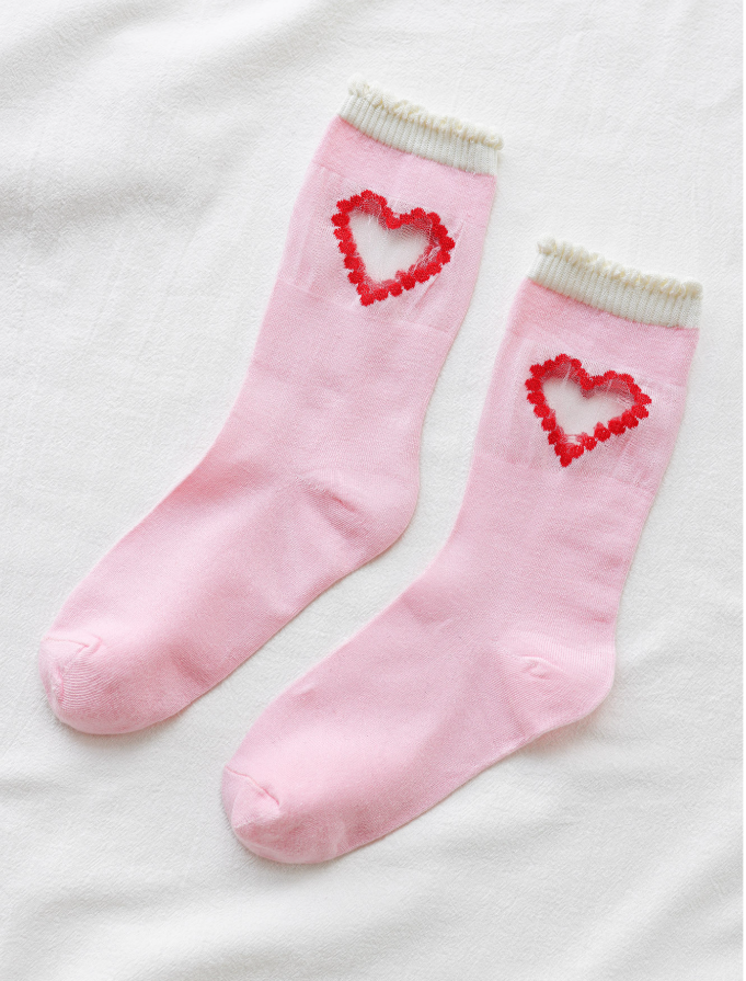 Kadın Tül Kalpli Soket Çorap Pembe
