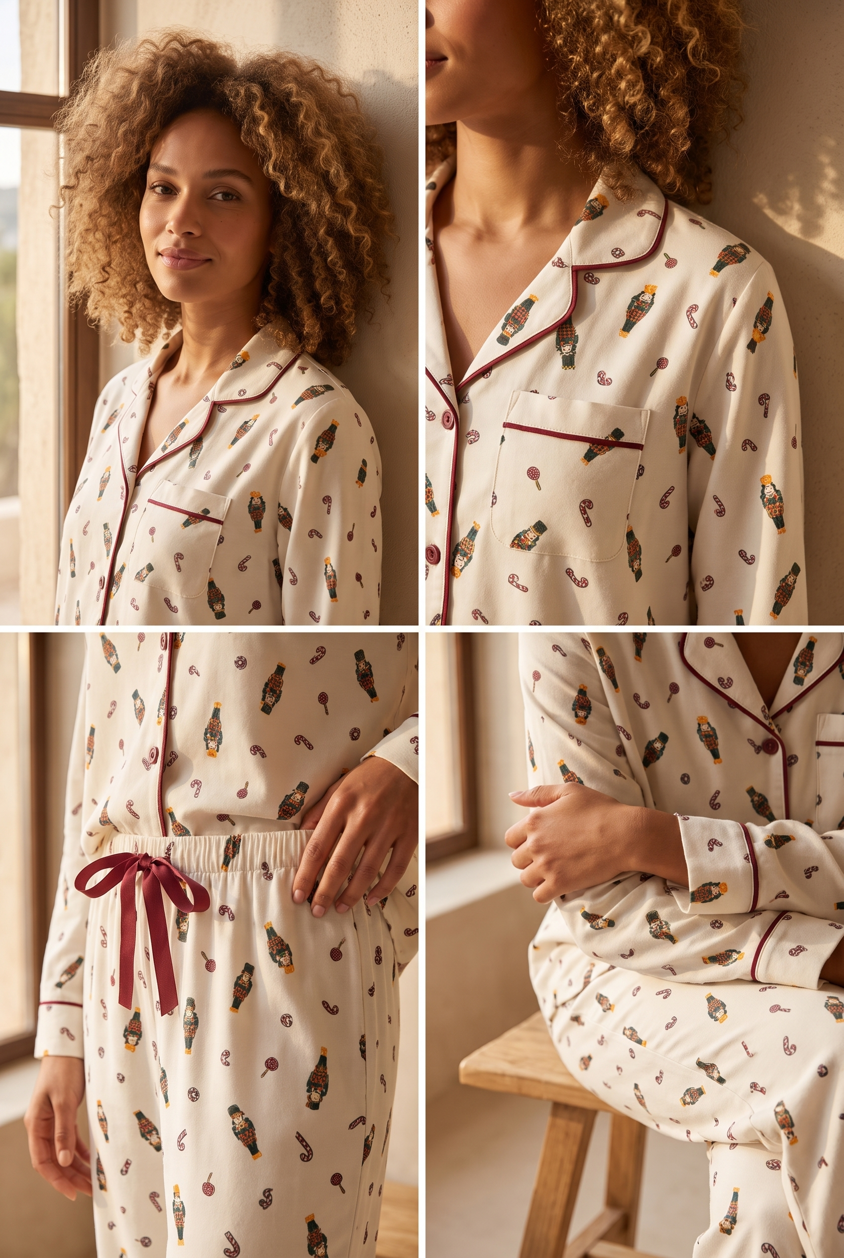 Kadın Yılbaşı Temalı Pijama Takımı Ekru