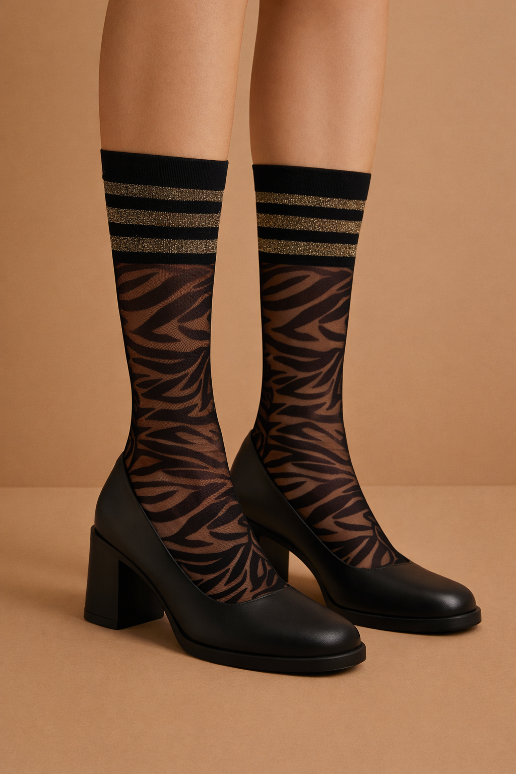 Kadın Zebra Desenli İnce Soket Çorap Siyah/Silver