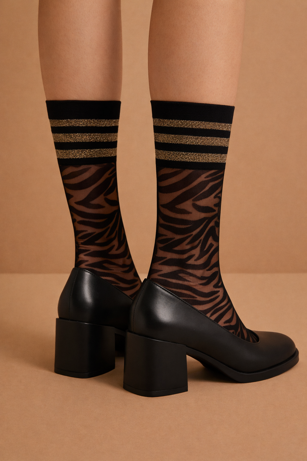 Kadın Zebra Desenli İnce Soket Çorap Siyah/Silver