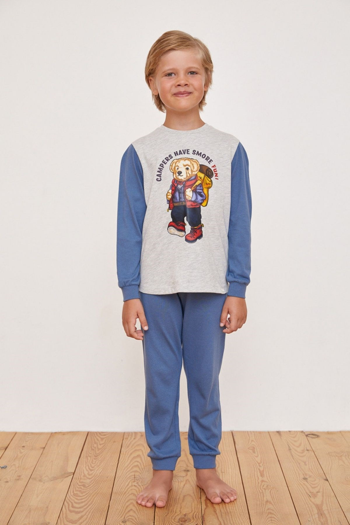 Kampa Giden Teddy Bear Baskılı Erkek Çocuk Pijama Takımı-Gri-Melanj.