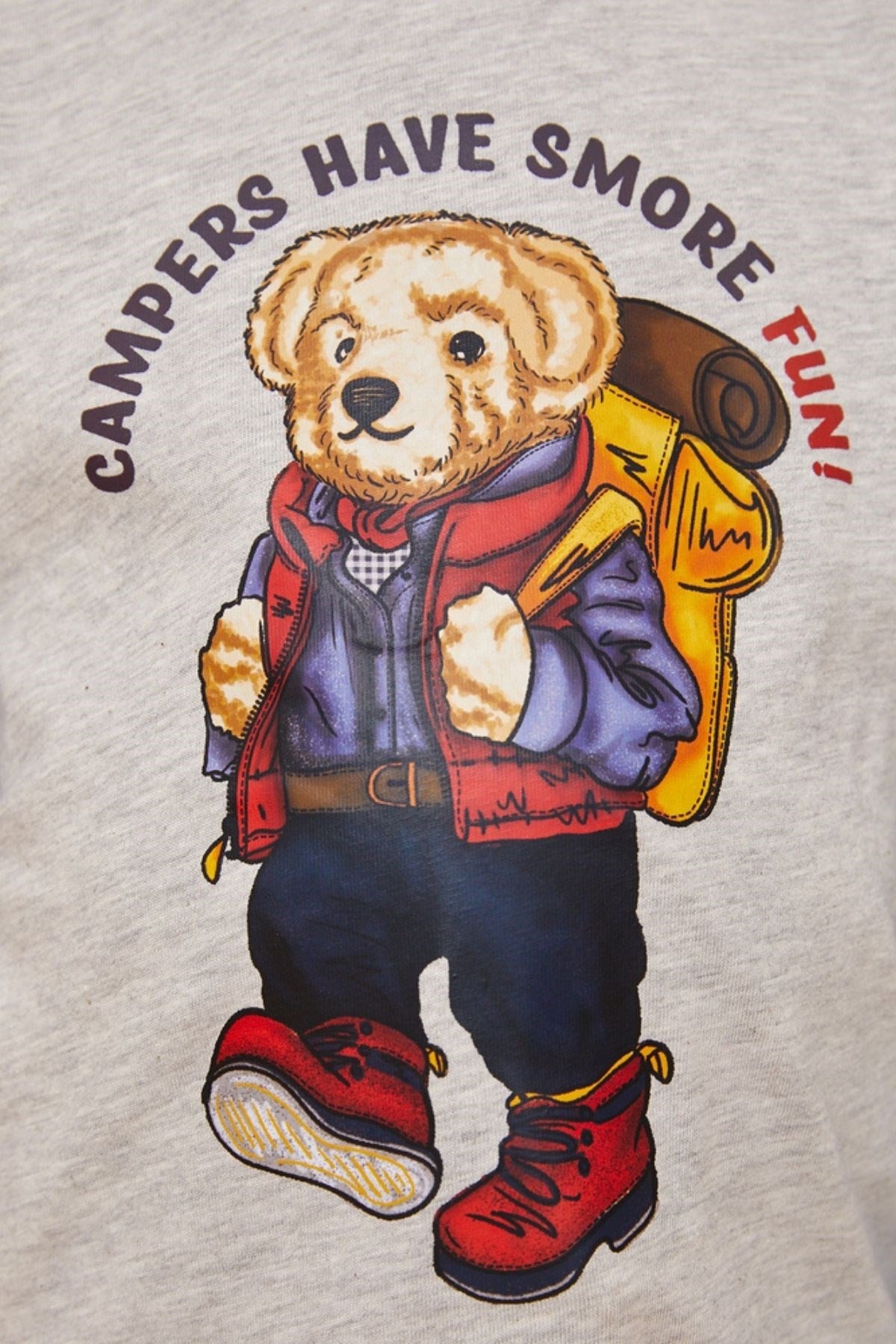 Kampa Giden Teddy Bear Baskılı Erkek Çocuk Pijama Takımı-Gri-Melanj.