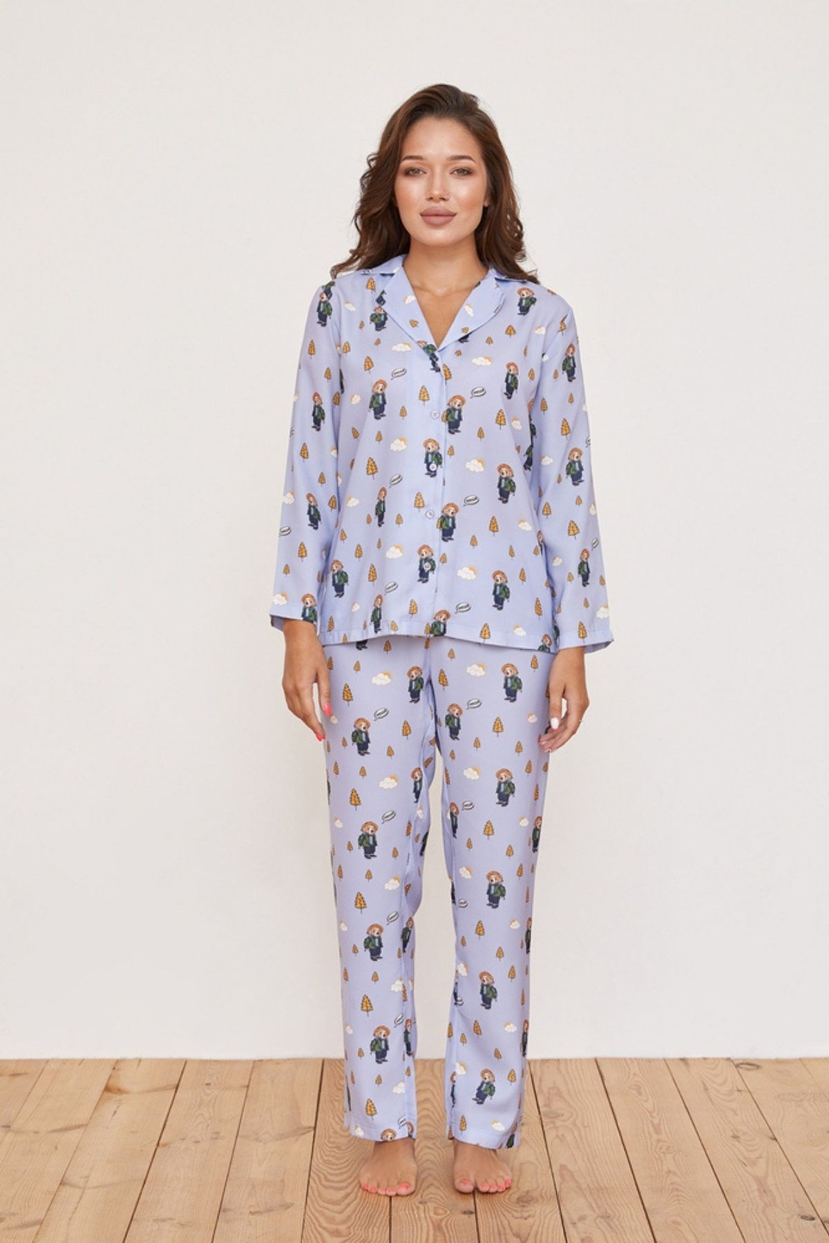 Kampa Giden Teddy Bear Baskılı Saten Kadın Pijama Takımı-LILAC