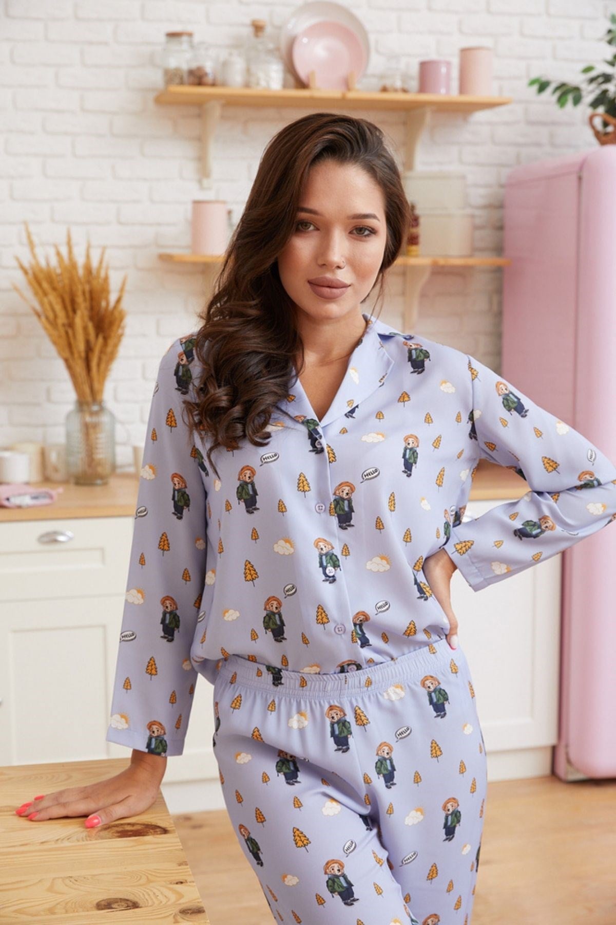 Kampa Giden Teddy Bear Baskılı Saten Kadın Pijama Takımı-LILAC