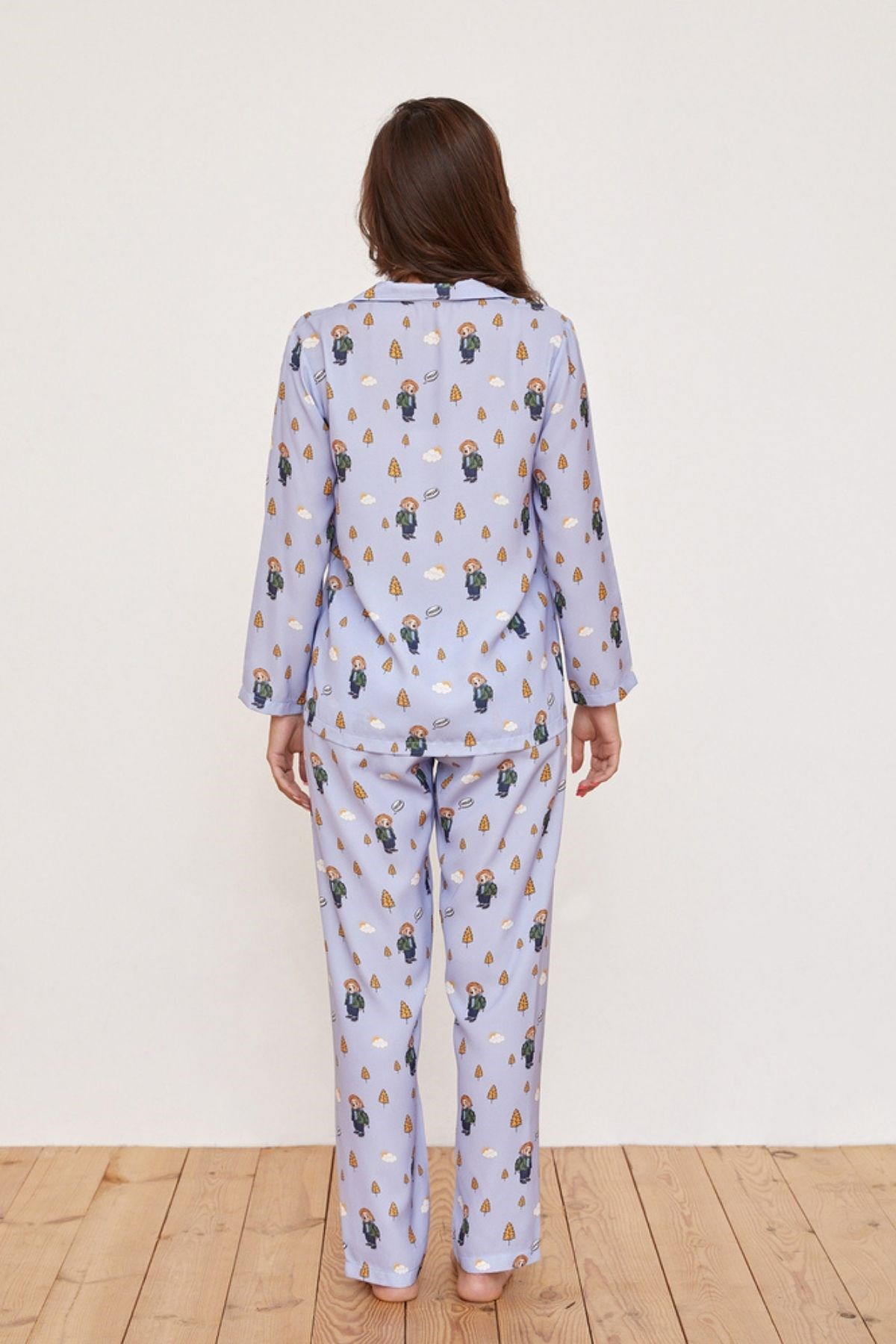 Kampa Giden Teddy Bear Baskılı Saten Kadın Pijama Takımı-LILAC