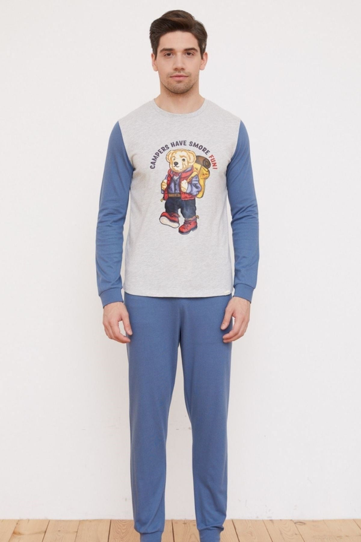 Kampan Giden Teddy Bear Baskılı Erkek Pijama Takımı-Gri-Melanj.