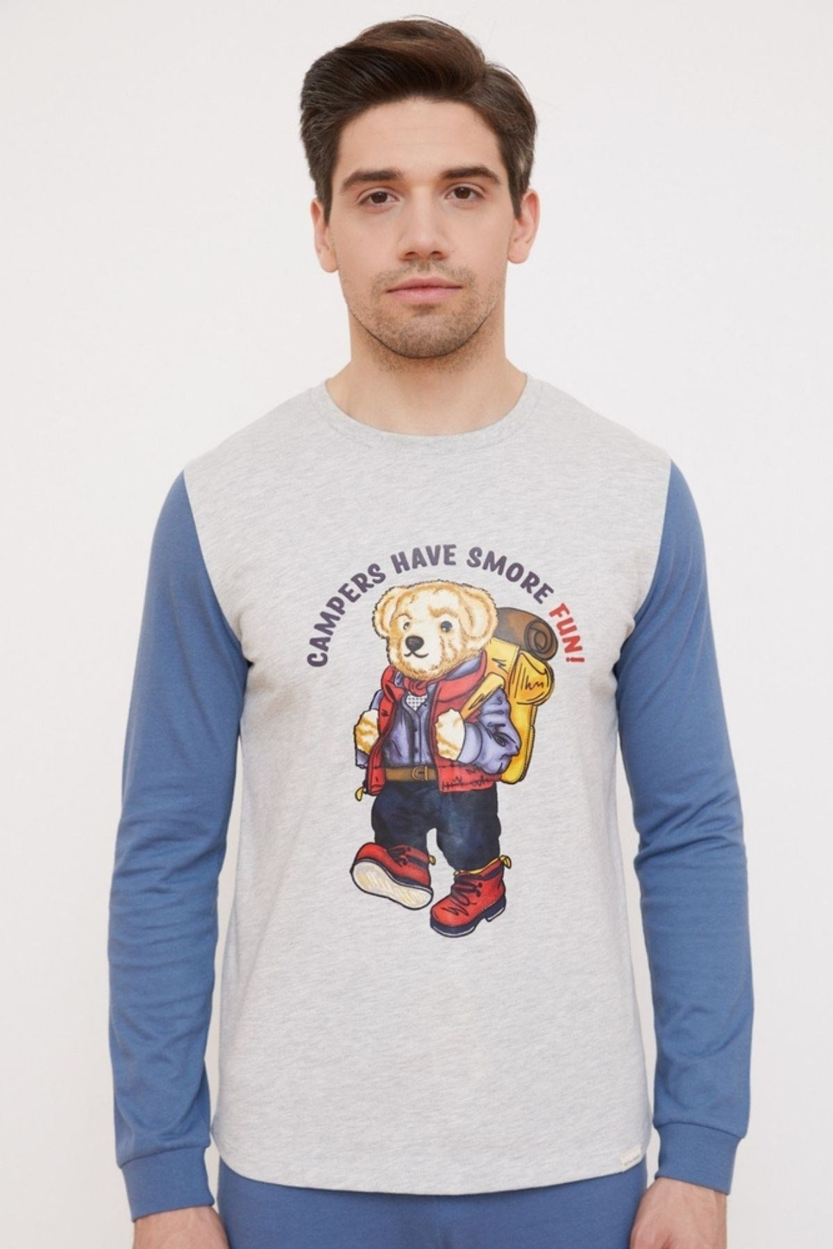 Kampan Giden Teddy Bear Baskılı Erkek Pijama Takımı-Gri-Melanj.