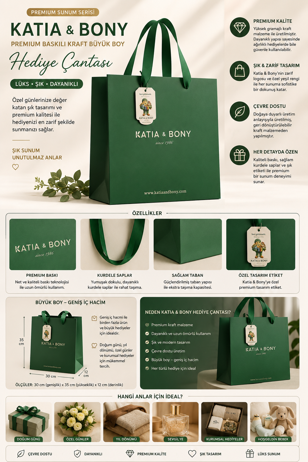 Katia & Bony Premium Baskılı Kraft Büyük Boy Hediye Çantası – Lüks Sunum Serisi Yeşil