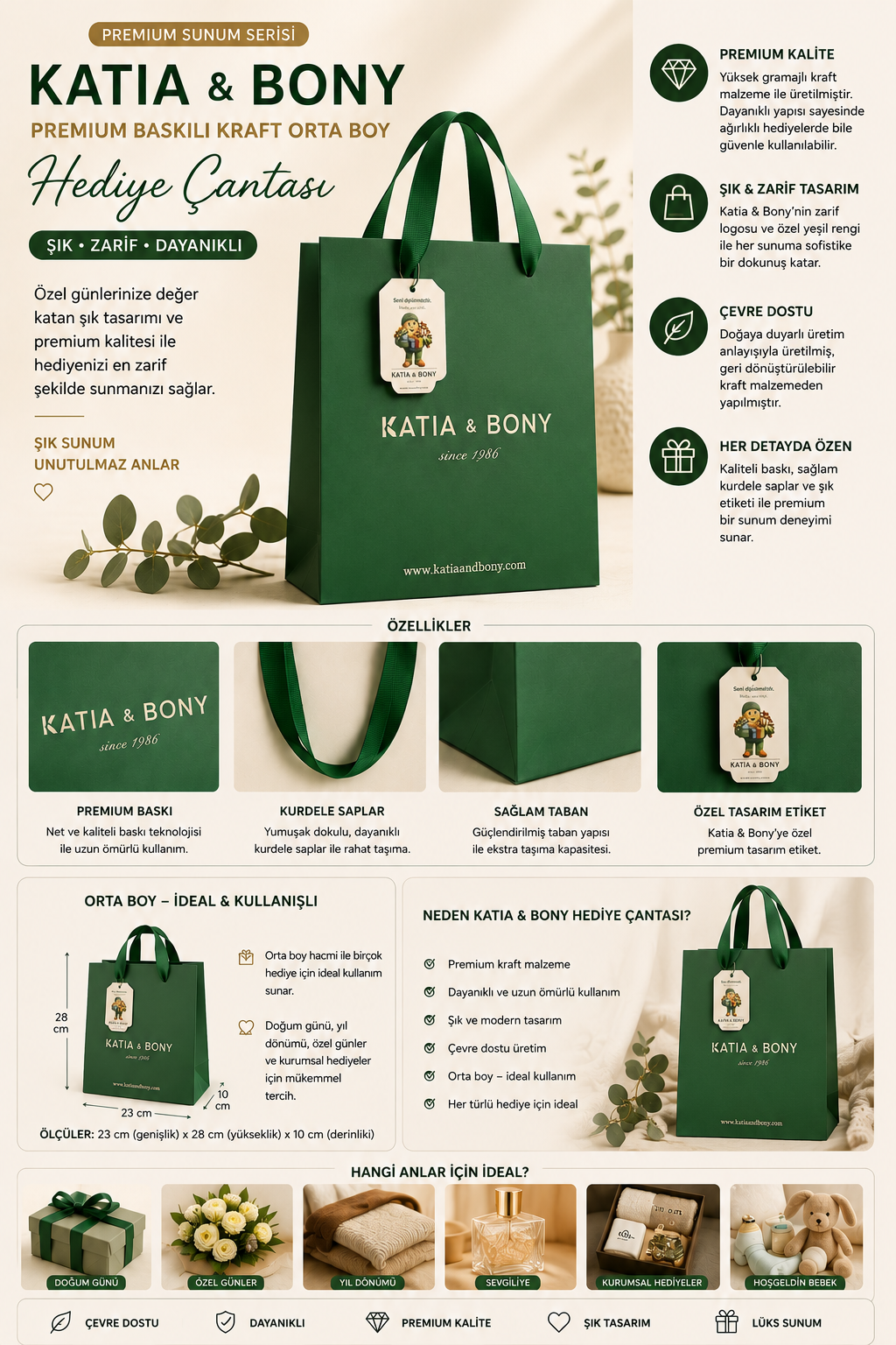 Katia & Bony Premium Baskılı Kraft Orta Boy Hediye Çantası – Lüks Sunum Serisi Yeşil