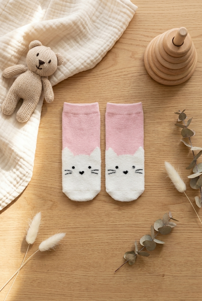Kedi Desenli Bebek Soket Çorap Pembe