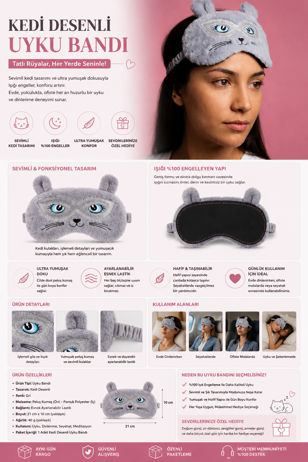 Kedi Desenli Göz Uyku Bandı Gri