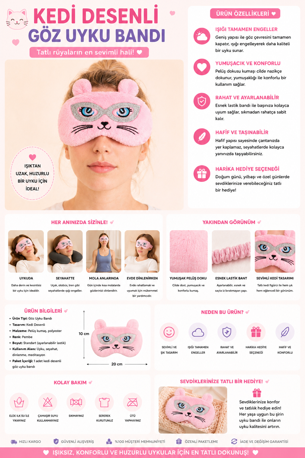 Kedi Desenli Göz Uyku Bandı Pembe