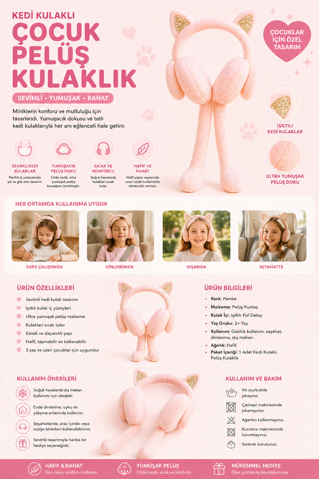 Kedi Kulaklı Çocuk Peluş Kulaklık Pembe